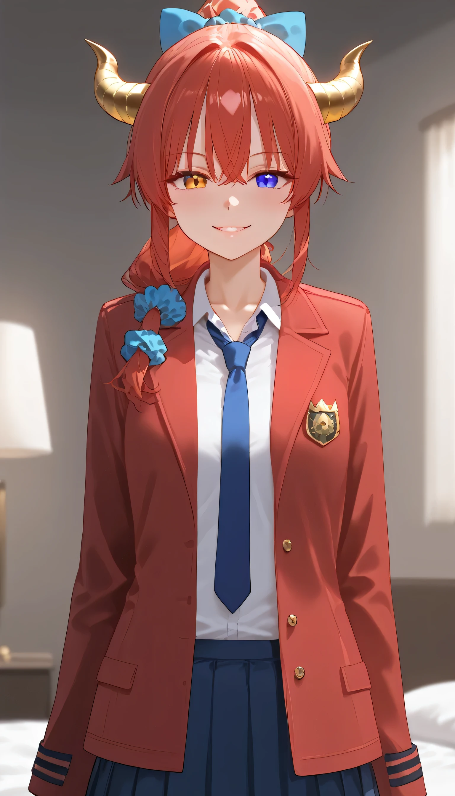 shiny skin, 1girl, ((pink and purple color eyes, pink and purple, deference color eyes, Heterochromia eyes, beautiful detailed eyes, (cat pulils)), ponytail hairstyle, parted lips, blue skirt, bangs, hair tie, blush, ((small horns, gold horns, horns towards the bangs, the ends of the horns are on the bangs, dragonian)), breasts, red coat, white shirt, small breasts, solo, looking at viewer, blonde hair, red hair, red coat, blue tie, blue scrunchie, white shirt, school outfit, school costume, closed mouth, long sleeves, ponytail hairstyle, collarbone, smile, large smile, full shot, full body 