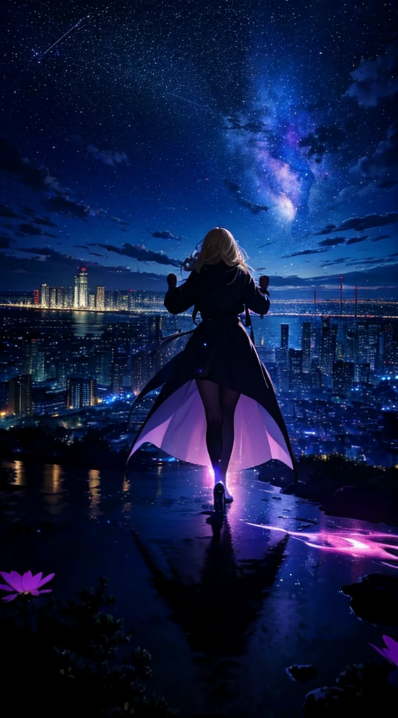 1people々々々々々,Blonde long-haired woman,long coat, Dress Silhouette, Rear view,Space Sky, comet, anime style, dancing petals,Night view of the city from the mountainside,