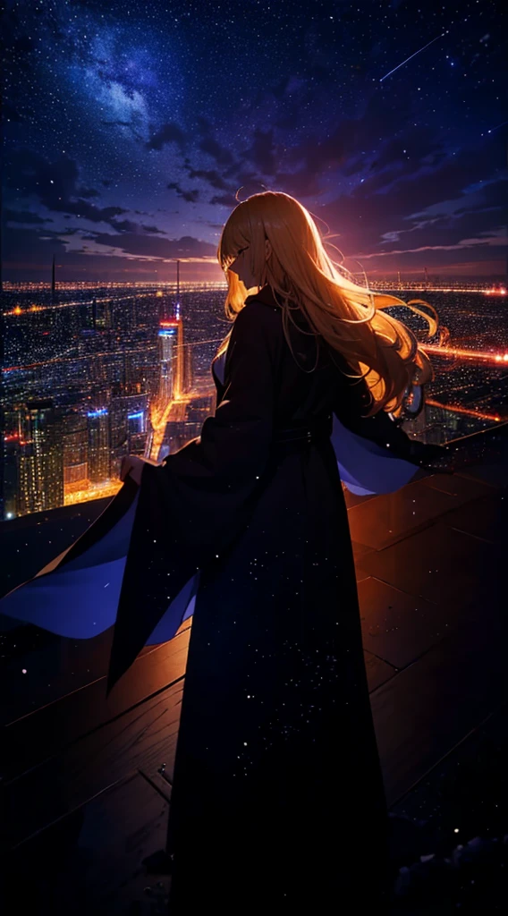 １people々々々々々,Blonde long-haired woman，long coat， Dress Silhouette， Rear view，Space Sky, comet, anime style, dancing petals，Night view of the city from the mountainside，