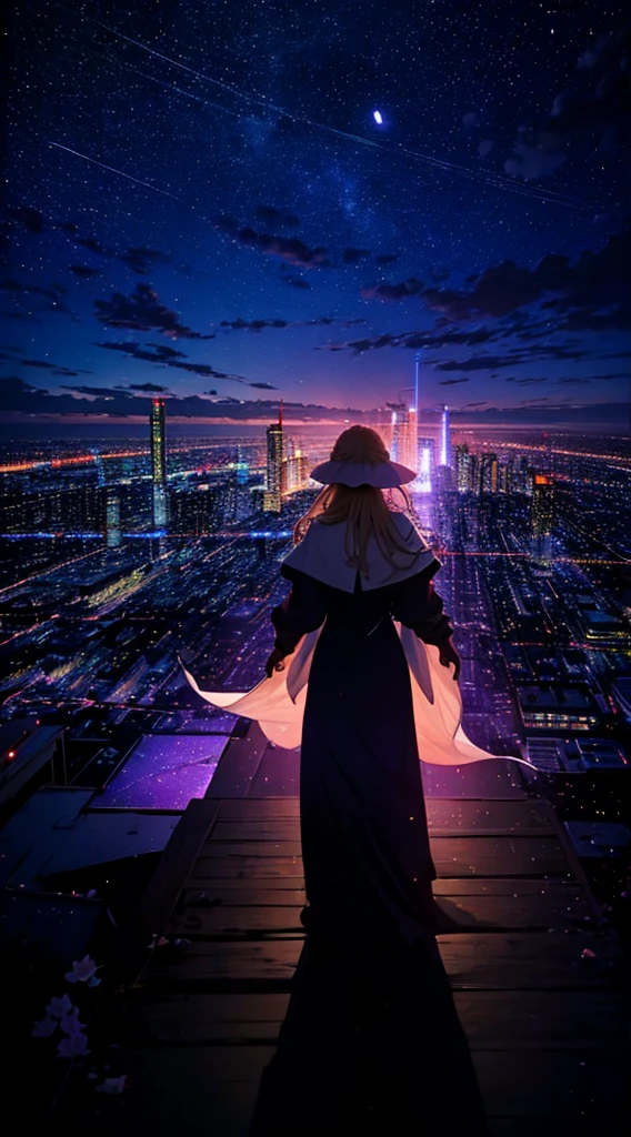 １people々々々々々,Blonde long-haired woman，long coat， Dress Silhouette， Rear view，Space Sky, comet, anime style, dancing petals，Night view of the city from the mountainside，