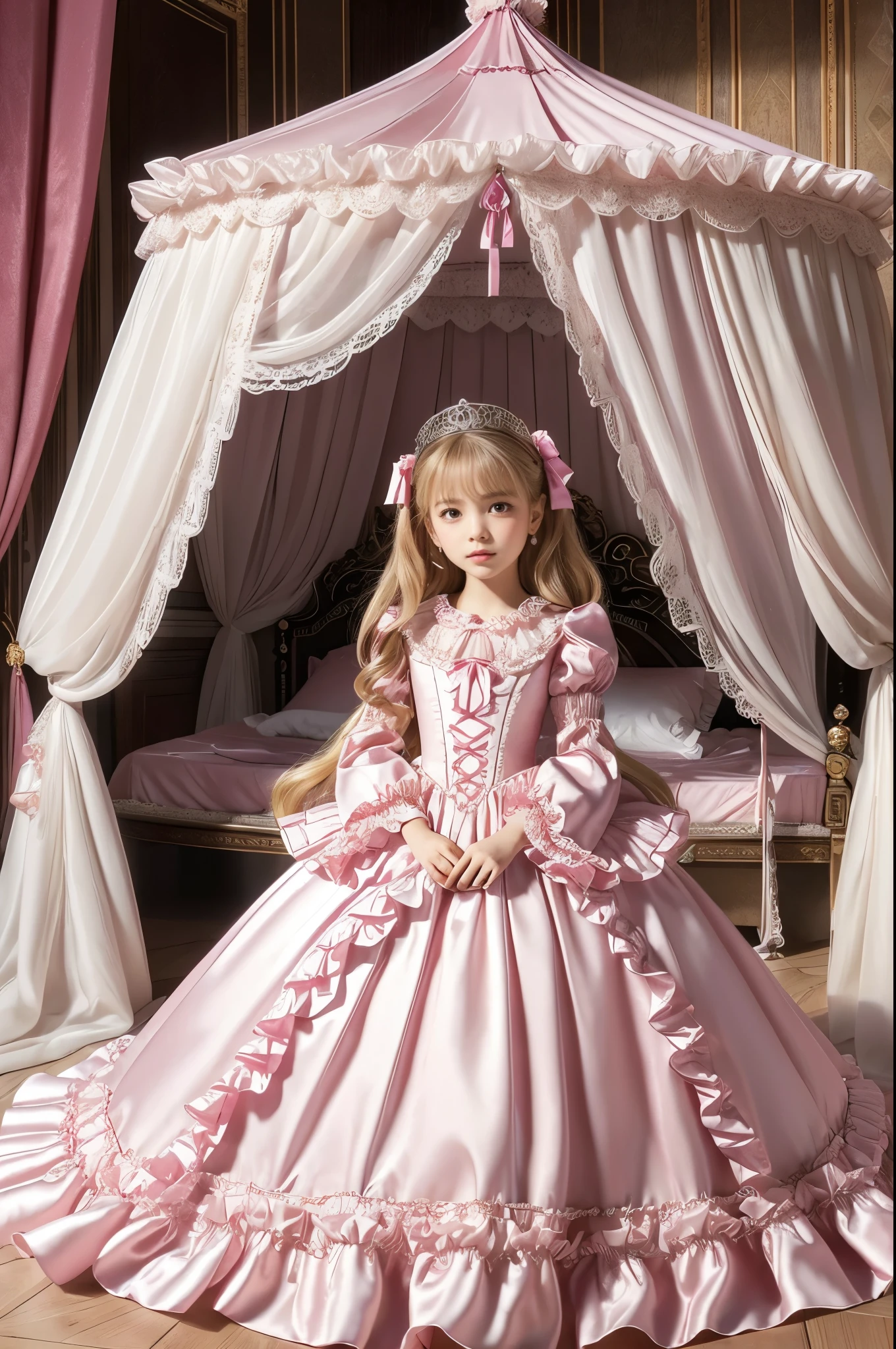 highest quality, masterpiece, highest resolution, artwork, super それにget used to it, many get used to it, get used to it, それにget used to it, 3k realistic pictures,,((  girls)),Ultra-detailed juvenile face,ultra-detailed beautiful little,girls are princess,full length ball gown dress with hoop skirt,ruffled yoke collar,puff sleeves,long sleeve,((Lolita style hot pink detailed princess satin dress with lots of ruffles and ribbons)),Rococo style lolita fashion,shiny satin dress,Soft and smooth fabric,detailed princess dress,luxury,long blonde hair,blue eyes,white skin european,Pajama,((in the bedroom of the palace)),luxury princess canopy king size pink bed,shiny satin sheets,ultra-detailed princess bed,High-quality background,lot of frilled pillows,on the bed,
