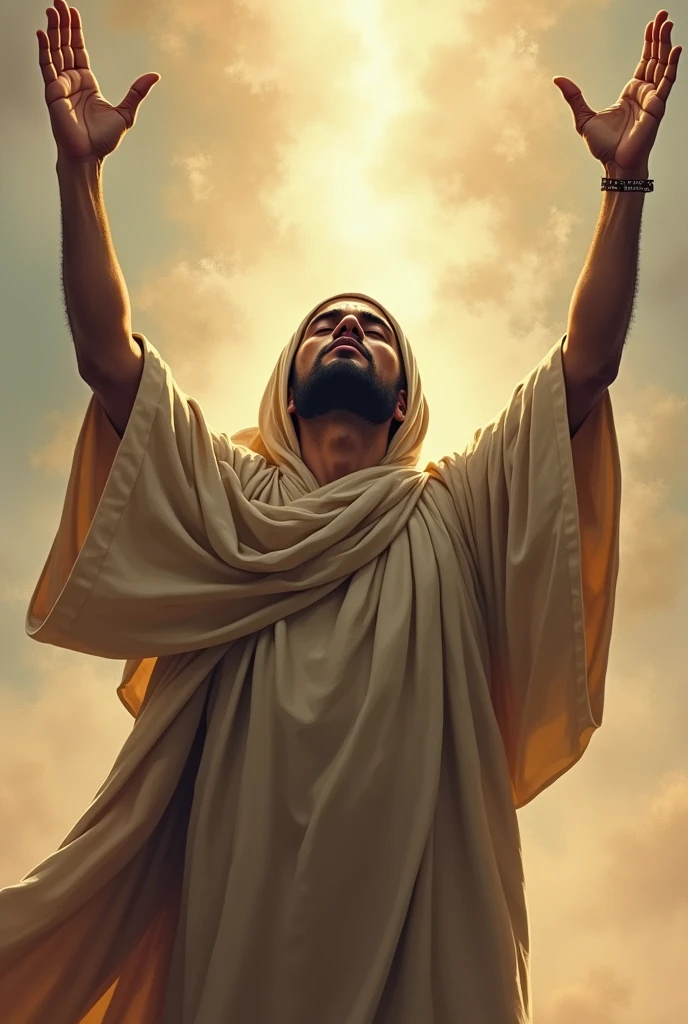 Muslim man raises his hands to the sky and prays to his Lord