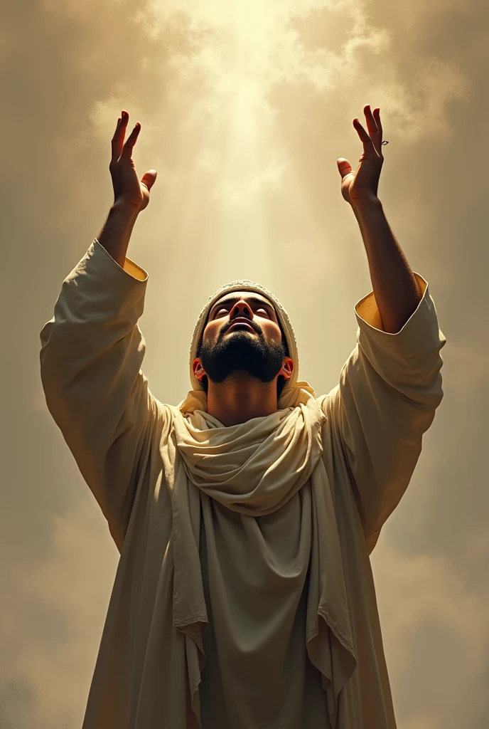 Muslim man raises his hands to the sky and prays to his Lord