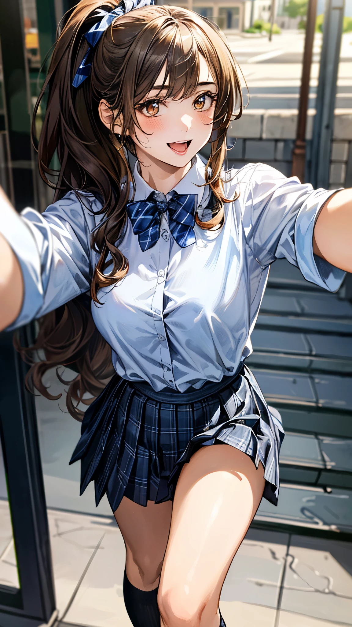 (masterpiece:1.3, top-quality, ultra high res, ultra detailed), (realistic, photorealistic:1.3), beautiful illustration, perfect lighting, natural lighting, colorful, depth of fields, surrealism,
beautiful detailed hair, beautiful detailed face, beautiful detailed eyes, beautiful clavicle, beautiful body, beautiful chest, beautiful thigh, beautiful legs, beautiful fingers, shiny skin, babyface,
looking at viewer, selfie, 1 girl, high school girl, (perfect anatomy, anatomically correct, super detailed skin), cute and symmetrical face, perfect face, perfect eyes,
(long hair, ponytail, wavy hair, chestnut hair), asymmetrical bangs, gold eyes, big eyes, drooping eyes, long eyelashes, (large breasts:1.5, seductive thighs), glamorous, outstanding style,
(detailed cloth texture, break light blue collared shirt, break light grey plaid pleated skirt, break navy blue plaid bow tie), navy socks, black loafer,
(beautiful scenery), evening, (downtown, creperie shop), (walking, pose with movement), (lovely smile, open mouth), (girl with a kitten),