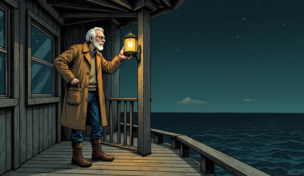 Character Description: Edgar is an elderly man with a kind, weathered face. His white hair is neatly combed, and he often wears a simple wool sweater, a long coat, and sturdy boots. His eyes reflect wisdom and experience, and his hands are rough from years of labor.
Prompt: A vintage-style illustration of Edgar standing at the top of the lighthouse, carefully lighting the beacon. The scene captures the quiet determination in his face as the light begins to glow, illuminating the dark ocean. The interior of the lighthouse is simple and functional, with the focus on Edgar and the glowing light. Outside, the night sky is dotted with stars, and the sea is calm but vast