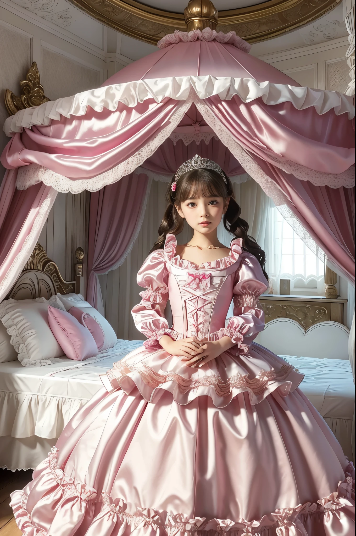 highest quality, masterpiece, highest resolution, artwork, super それにget used to it, many get used to it, get used to it, それにget used to it, 3k realistic pictures,,(( girls)),Ultra-detailed juvenile face,ultra-detailed beautiful little,girls are princess,full length ball gown dress with hoop skirt,ruffled yoke collar,puff sleeves,long sleeve,((Lolita style hot pink detailed princess satin dress with lots of ruffles and ribbons)),Rococo style lolita fashion,shiny satin dress,Soft and smooth fabric,detailed princess dress,luxury,long blonde hair,blue eyes,white skin european,Pajama,((in the bedroom of the palace)),luxury princess canopy king size pink bed,shiny satin sheets,ultra-detailed princess bed,High-quality background,lot of frilled pillows,on the bed,