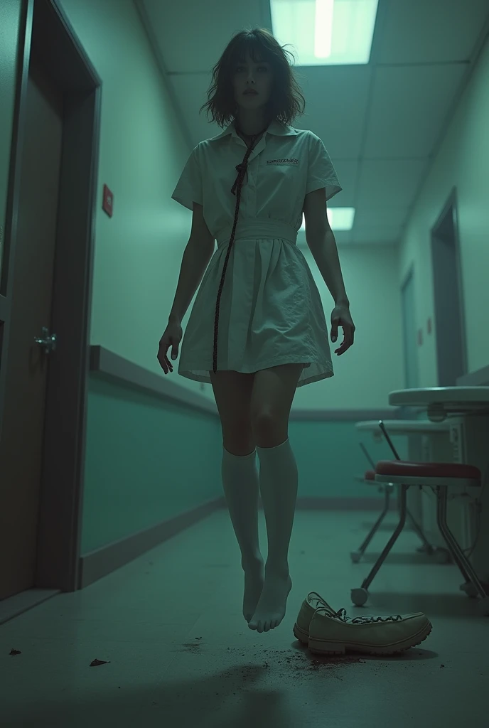 Nurse scene in white thigh high socks, hanged, thòng lọng, hovering in the air , The chair fell at the nurse&#39;s feet. 
