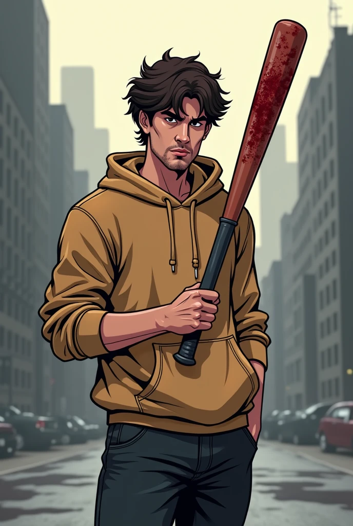 cartoon style 1980 a man, medium brown skin color. short wavy hair. wearing a kangaroo style hoodie. black pants. holding a baseball bat with bloody nails on the end. the background should be a blurry silhouette of a gray city.