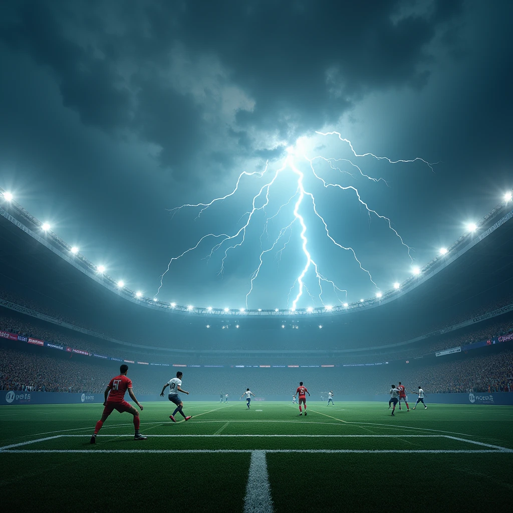 a football field with several lightning bolts falling from the sky