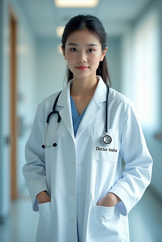 A girl doctor white coat with written name" doctor insha "on it 