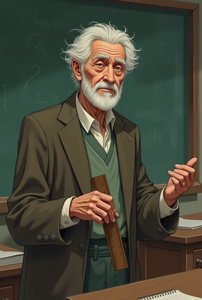 An old man, alone, with white hair, a teacher, studio ghibli ,aged appearance, fine brushwork,detailed wrinkles, expressive eyes, wise and gentle expression, unique clothing style, vintage classroom backdrop, a blackboard with faded writing, a nostalgic feeling,He points to the patient with the ruler
.
