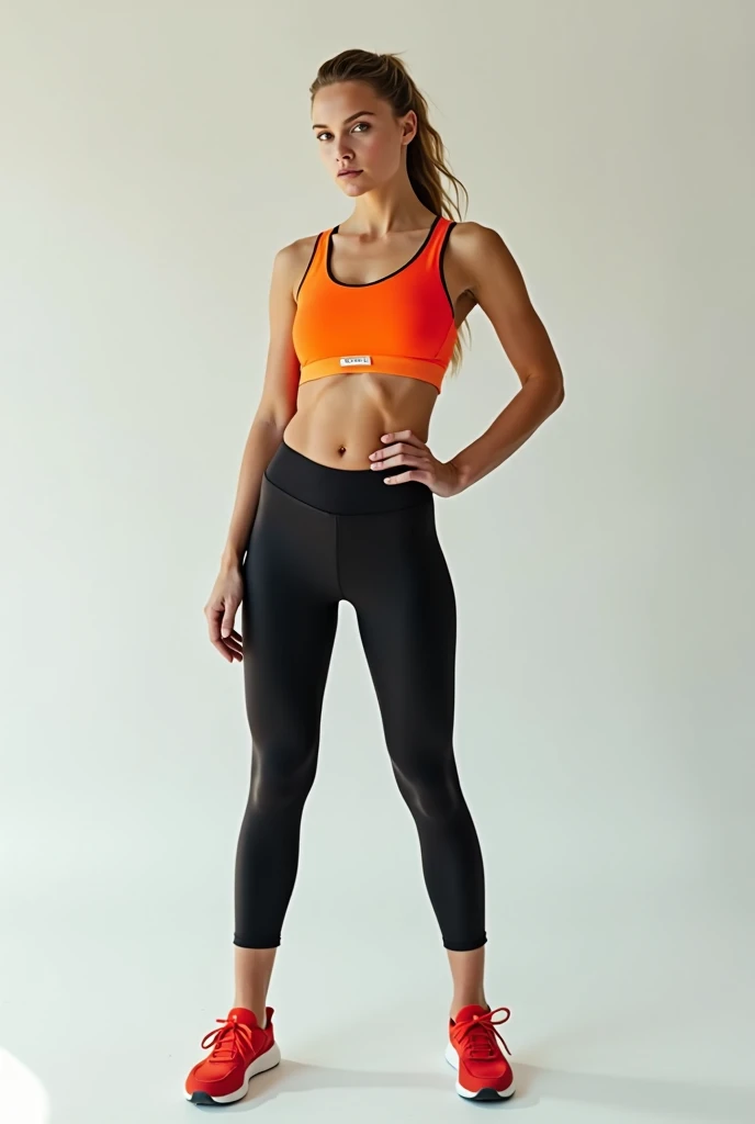 AWESOME WOMAN. SMILING. ( WITH AN INTERMEDIATE PHYSICAL BUILD, SHE WEIGHS APPROXIMATELY 60 KILOGRAMS ) FULL BODY SHOT. OPEN LEGS MOVEMENT. BLOND BROWN HAIR, FULL BODY SHOT. WEARING A LYCRA ((CAPRI, PESCADORA)) SPORT LEGGINS CAPRI, PESCADORA, CORSARIO COLOUR .WOMAN WEARS A FISHERWOMAN SPORTS LEGGINGS, CAPRI DARK BLACK AND ((SMALL ORANGE SPORT TOP )) ROUNDED NECK. SHE HAS RED SPORTS SHOES. FACE TO BAR REFAELI. analogue,film、washedout, 300 iso film stock, mark,beautiful cinematic lighting,engaging atmosphere,
, ((film still,movie still)),photograph,volumetric lighting,Slow Shutter Speed,Primitivism,
RAW photo,ultra-sharp focus,internationally-acclaimed photograph,ambient atmosphere,ambient, WHITE BACKGROUND