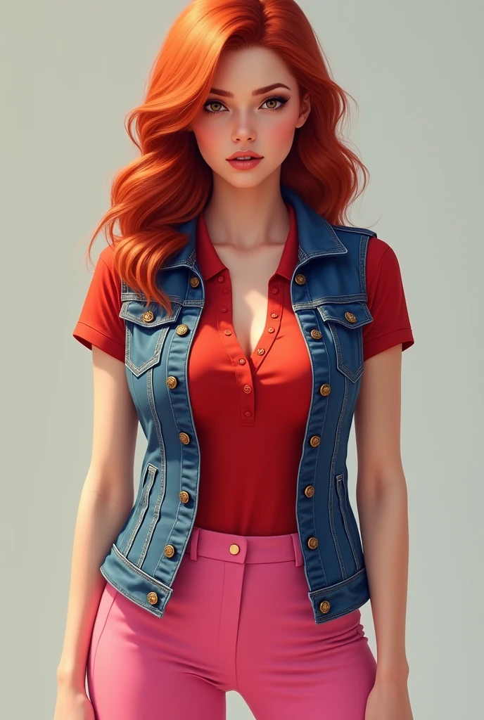 Redhead Woman with Big hips, blue shorts, black jacket and blue shirt with ponytail