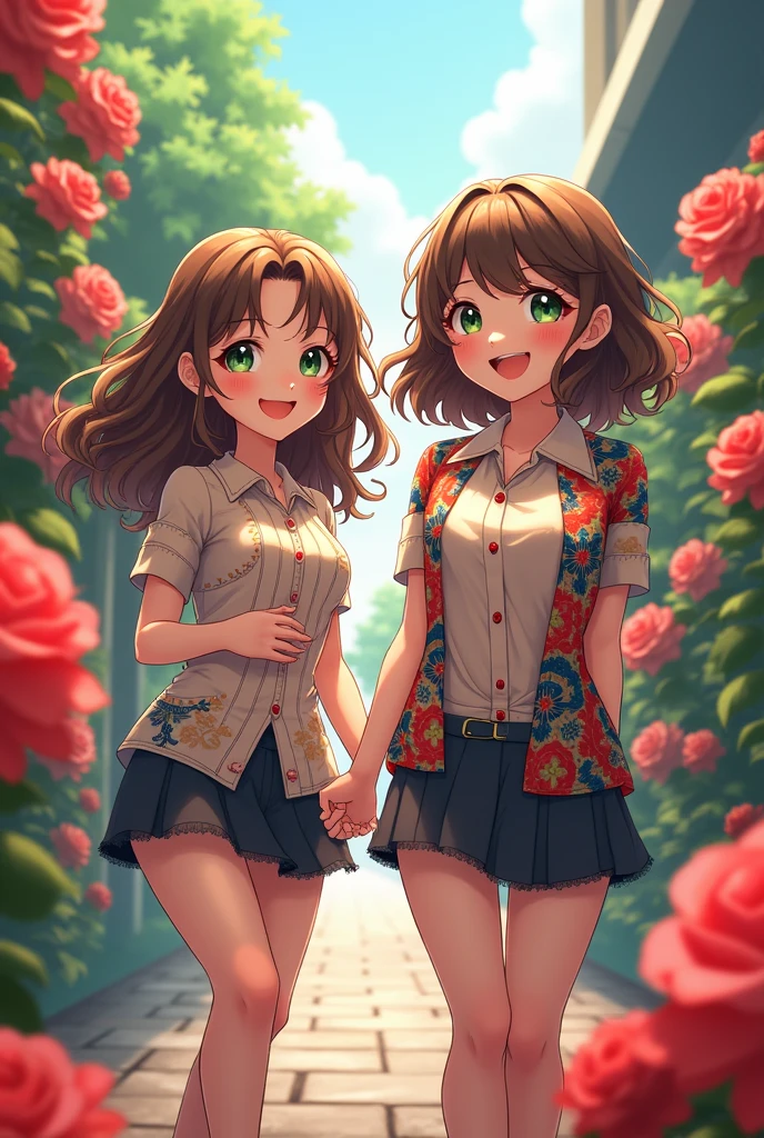 A 2 girl , Brunetette ,greeneyes ,light brown curly hair, dressed in an anime blouse, with a dazzling smile, on a sidewalk near red roses