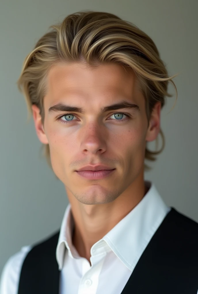 Homem loiro com olhos azuis e uma camisa branca e colete preto, Blonde and attractive features, cabelos loiros e olhos azuis, long swept back blond hair, homem loiro, cabelos loiros olhos azuis, olhos azuis e cabelos loiros, Jovem com rosto bonito, cabelos loiros olhos azuis, jovem atraente, macho atraente, British blond man, jovem bonito, cara loiro, Macho bonito, Austin Butler 8k