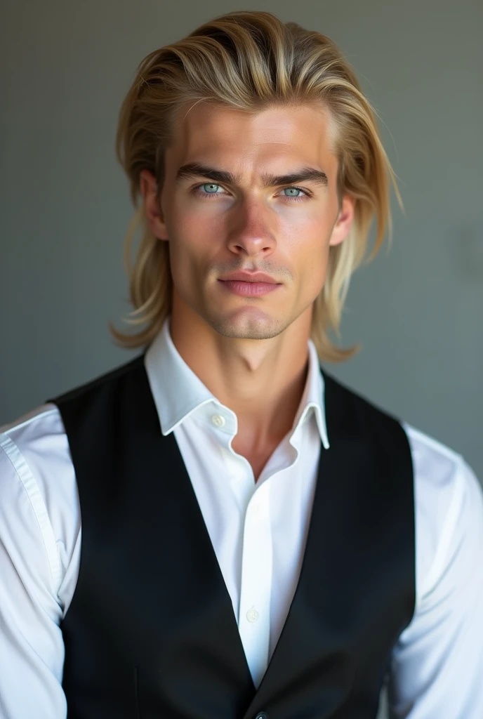Homem loiro com olhos azuis e uma camisa branca e colete preto, Blonde and attractive features, cabelos loiros e olhos azuis, long swept back blond hair, homem loiro, cabelos loiros olhos azuis, olhos azuis e cabelos loiros, Jovem com rosto bonito, cabelos loiros olhos azuis, jovem atraente, macho atraente, British blond man, jovem bonito, cara loiro, Macho bonito, Austin Butler 8k