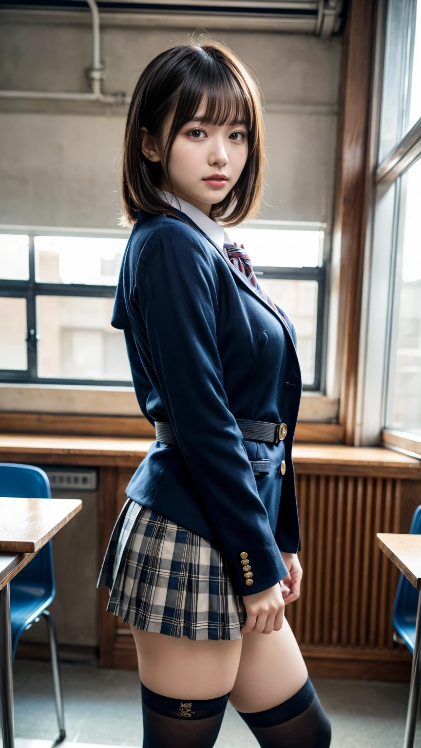 muste piece, best quality, illustration, Super detailed, fine details, High resolution, 8K,wall paper, perfect dynamic composition,(Details High quality, realistic depiction of eyes:1.3), from side, High School Classroom、High school girl uniform、blazer 、Super Short Check Uniform Skirt、Navy blue high socks、garterbelts、Colossal tits、Disturbed uniform, short bob hair, black hair color, large breasts, Big Natural Color Lip, bold sexy pose, (perfect body shape), crying a little、Harajuku style、20 year old girl、cute type, beautiful legs, hposing Gravure Idol, Voluptuous thighs