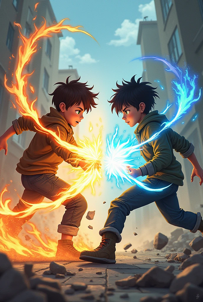 Make a btown hair boy green eyes fight with another boy black hair brown eyes the boy brown hair has plasma powers and the black hair boy air powers