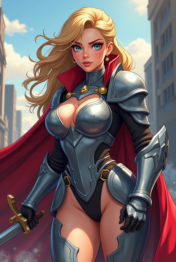 (Big Tits)、Female Knight Fighter Type Female、Abdominal Tights、Full body standing、(((Cartoon Anime)))