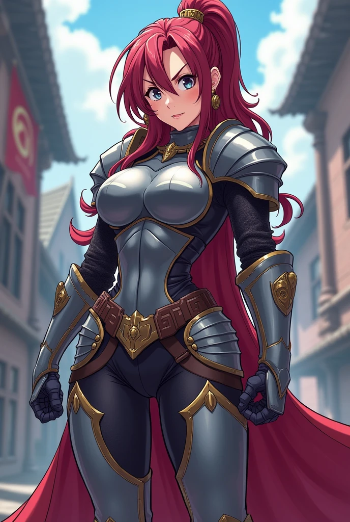 Masterpiece, detailed eyes, red hair, dark skin, hkingrid, black knight armour, big breasts, bursting breasts, balsamique