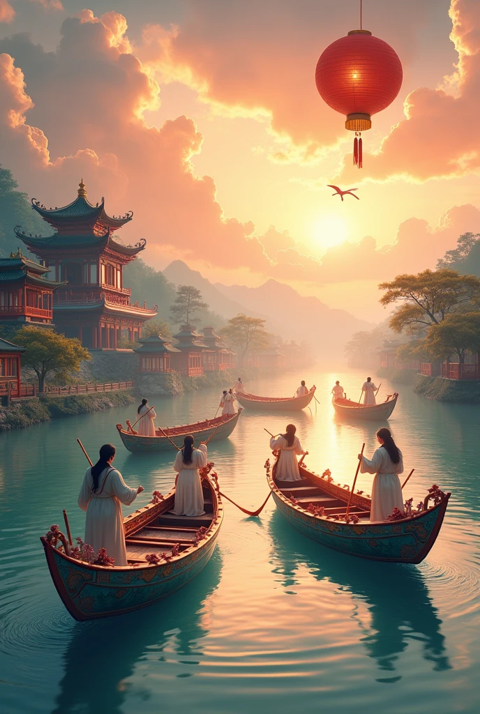 a group of boats floating on top of a river, by Han Gan, trending on cg society, photo taken at night, chinese village, stunning and rich detail, ❤🔥🍄🌪, morning shot, shanghai, edo japan, very very well detailed image, cozy and peaceful atmosphere, chinese temple, taken in 2 0 2 0, beautiful image ever created, paradise in the background