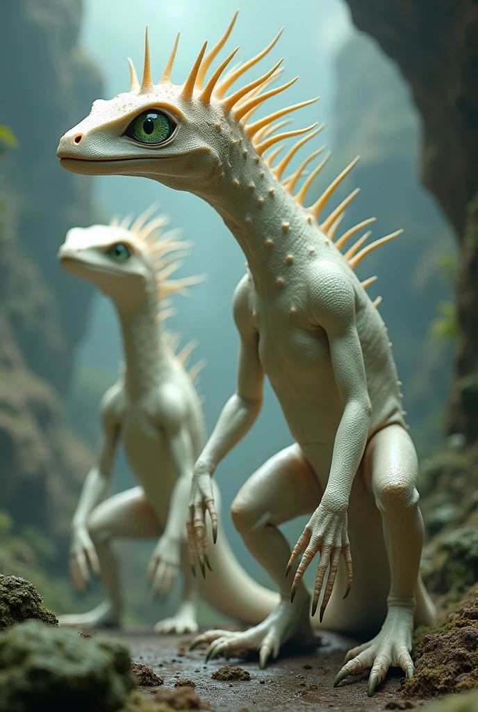 Large, skinny, white lizards with short tails, with dark green eyes, head and neck covered with spikes