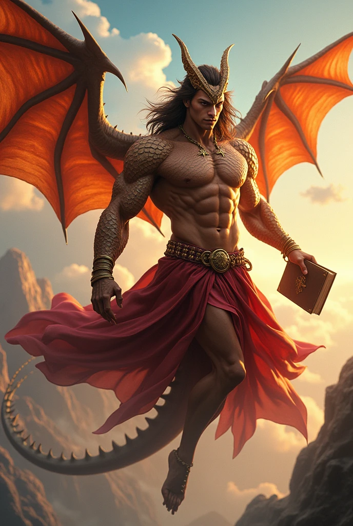 Male Young golden half-dragon demon wizard, wearing red formal robes, serious face with a smile, athletic body, Brown skin, dragon wings in his back, holding a grimoire on his right hand, flying in the open sky with elemental energies around you, magic energy aura around his, long hair brown, Gold scales in his body, detailed image, more draconic, HD image.    