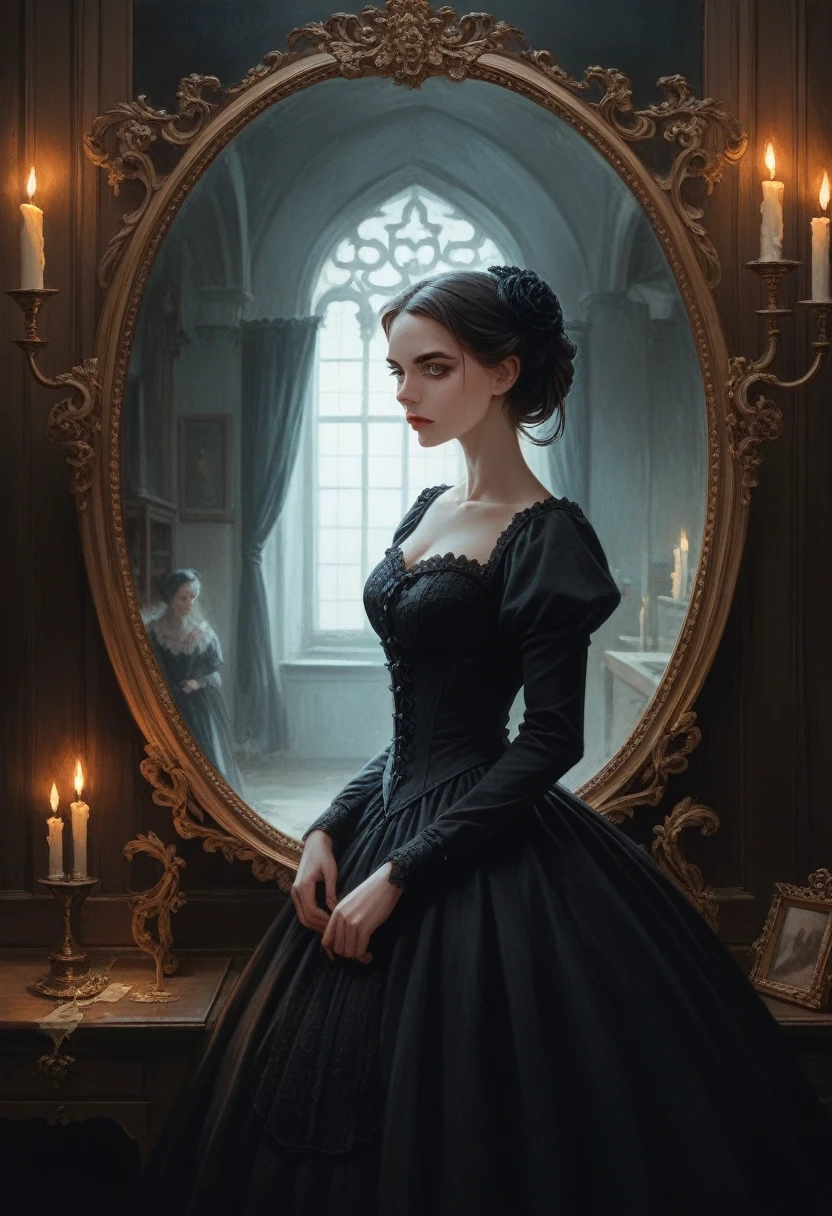 A dark and atmospheric oil painting featuring a stunning Victorian-era woman. She wears an elaborate, high-necked gown adorned with lace and intricate embroidery. Her expression is mysterious, with beautiful eyes that hint at hidden secrets. The setting is a dimly lit, gothic interior, with heavy velvet drapes, a grand fireplace, and an ornate, antique mirror reflecting the flickering light of a candelabrum. Shadows loom in the corners, and the air seems thick with an otherworldly presence, giving the scene an occult and eerie feel. ((Revelating Big boobs))