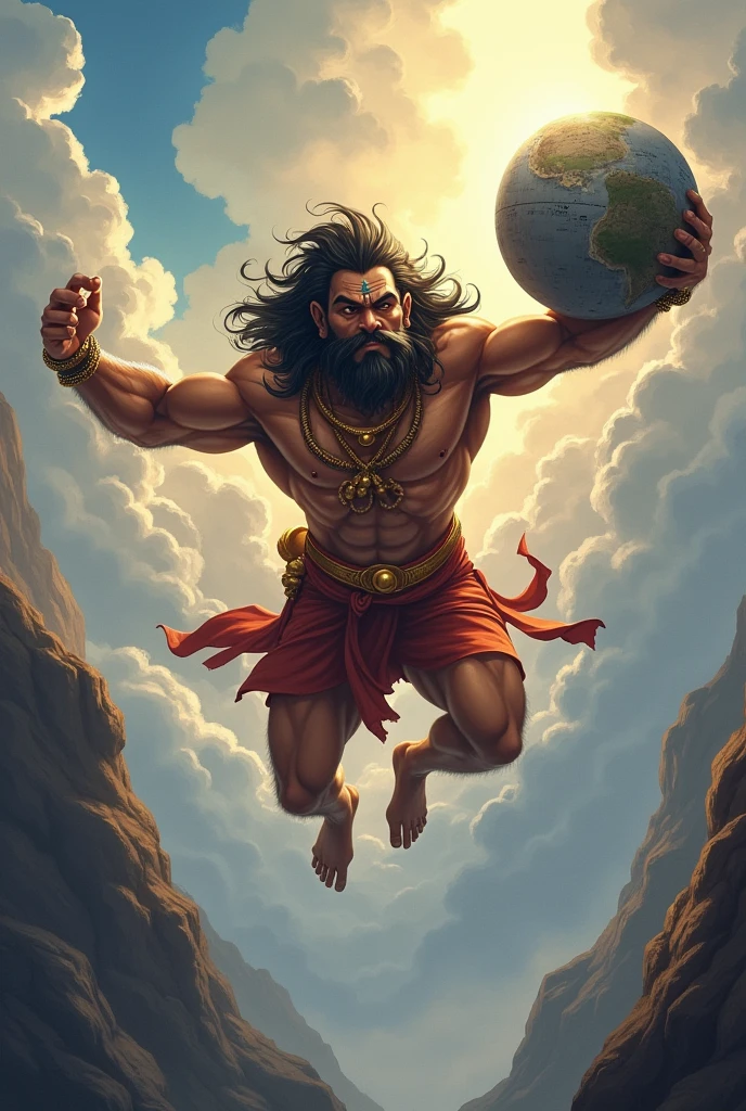 Hanuman’s Devotion: Illustrate Hanuman flying with a mountain in his hand, symbolizing his strength and dedication in finding Sita.