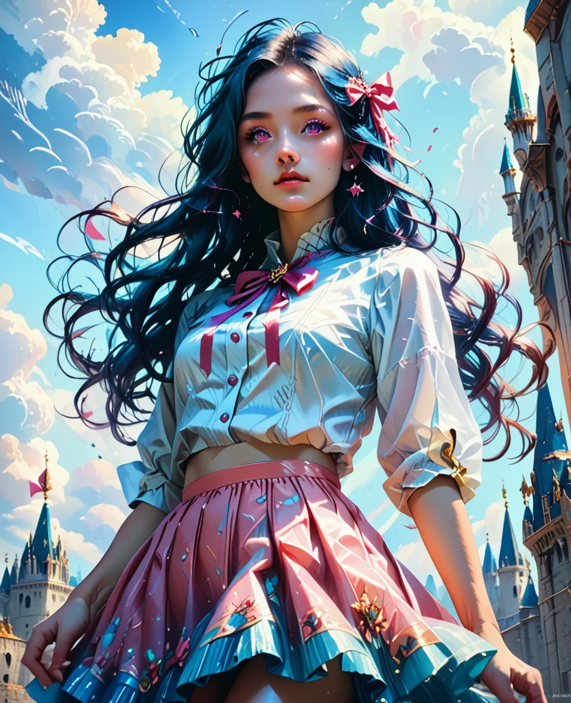 (detailed beautiful eyes and detailed face, masterpiece side light, masterpiece, best quality, detailed, high resolution illustration), (1 girl, beautiful girl, shiny skin, looking down, looking at viewer), ( Sky blue long hair, pink eyes, skirt, ribbon, button-down shirt) 45 degrees, top view, sideways, (hand detail)