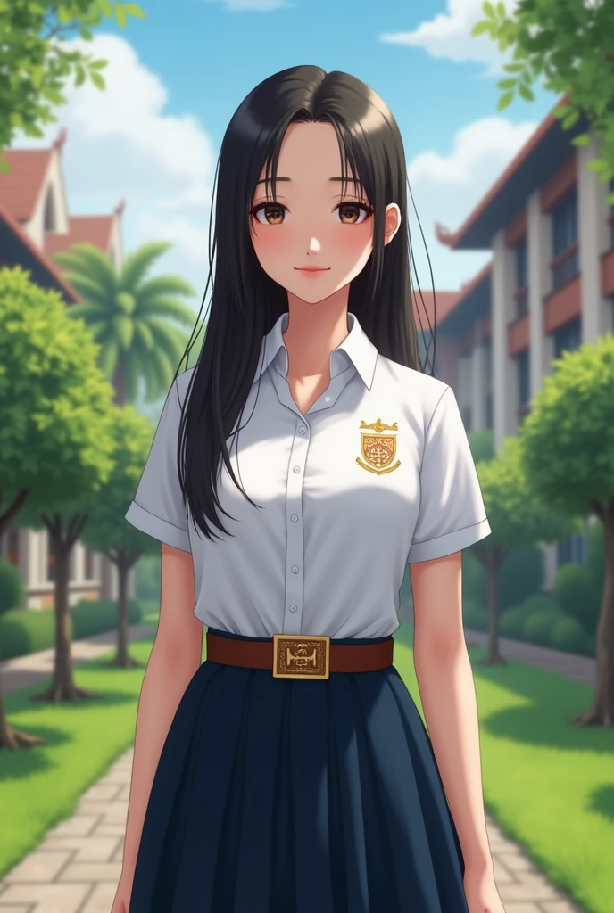 Girl in thai university uniform, brown leather belt with square university symbol buckle