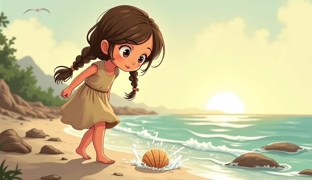 Character Description: Lily is a young girl with long brown hair often tied in a braid. She wears a simple, slightly worn dress and has a curious, adventurous spirit. Her eyes are bright, reflecting her youthful energy and enthusiasm for discovery.
Prompt: A vintage-style illustration of Lily walking along the shoreline at low tide, her dress fluttering in the sea breeze. She is barefoot, her feet splashing in the shallow water as she bends down to examine a unique seashell. The beach is dotted with small rocks and driftwood, and the sun is just rising, casting a soft morning light over the scene