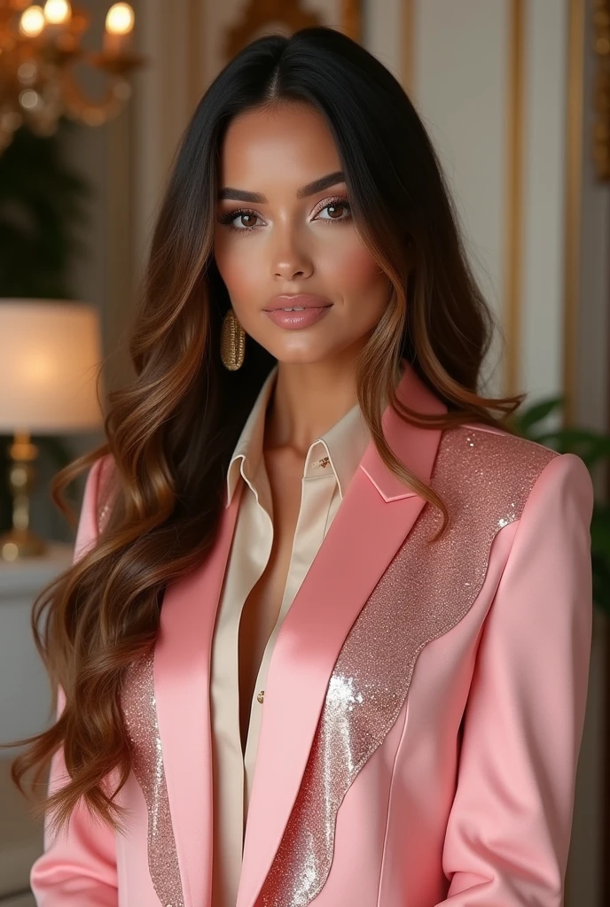 Woman, 30 years old, brown hair ombre. long, wavy hair. Topmodel face, collar blouse. wears a pink blazer pattern with iridescent holographic details in rose gold, bottom --AR 2:3 --V 6.0. Hyper realistic, in a room, without defects. Radiant beauty, boss woman, rich in details with glitter, boss photo poses style