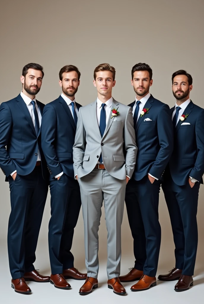 Generate a photo of a groom in a light gray suit and brown shoes, with 6 groomsmen in navy blue suits