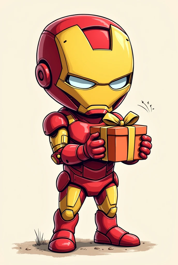 Cute Iron Man holding a box in his hands in a cartoon hand drawn style