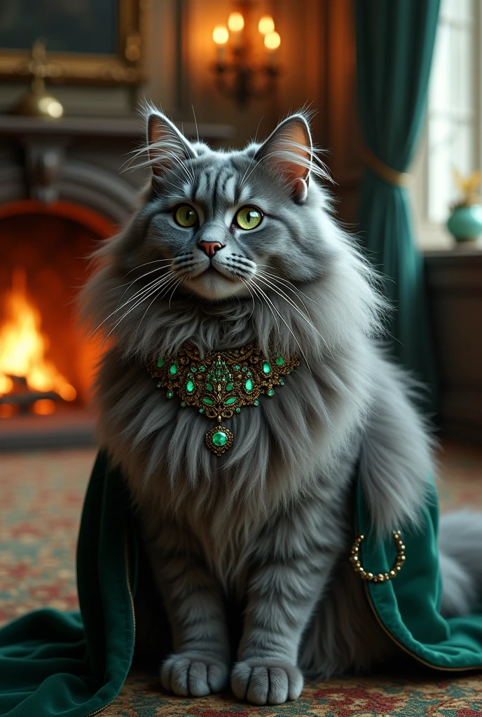 chat Mainecoon silver grey de grande taille avec des poils soyeux longs et des yeux verts émeraude qui porte un collier royale avec des pierres émeraudes dans un château Écossais avec des chandeliers et une cheminé avec un feu 