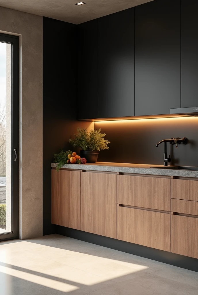 Kitchen with linear countertop, with black mdf and wooden mdf and light floor, lighting fixtures and stone countertops