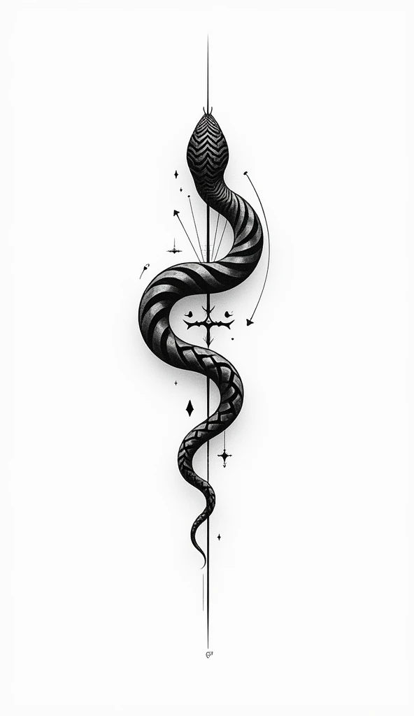 black and white tattoo design, snake, white background, simple background, drawing style, geometric lines, fine line, complex,