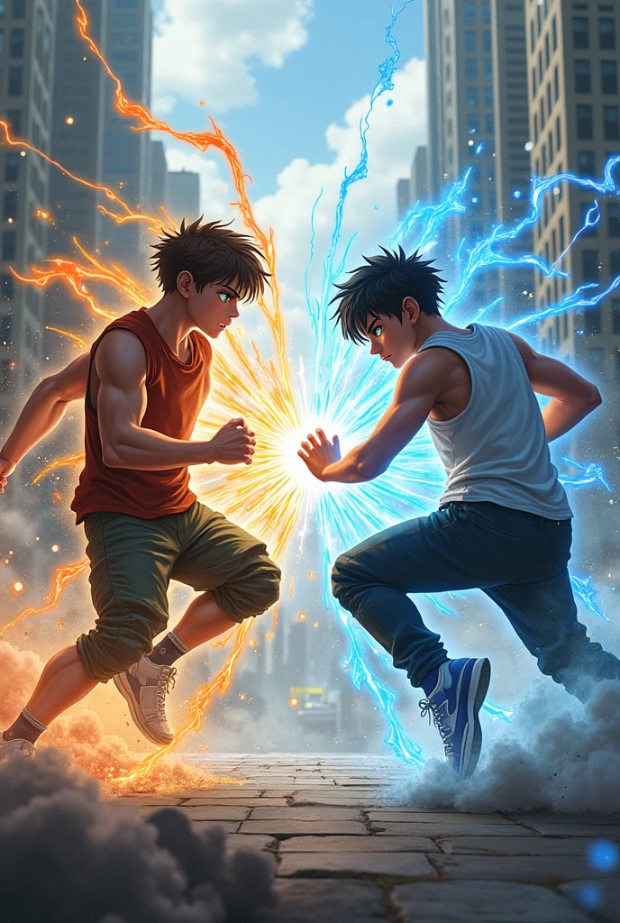 Make a btown hair boy green eyes fight with another boy black hair brown eyes the boy brown hair has plasma powers and the black hair boy air powers in cool fight szene