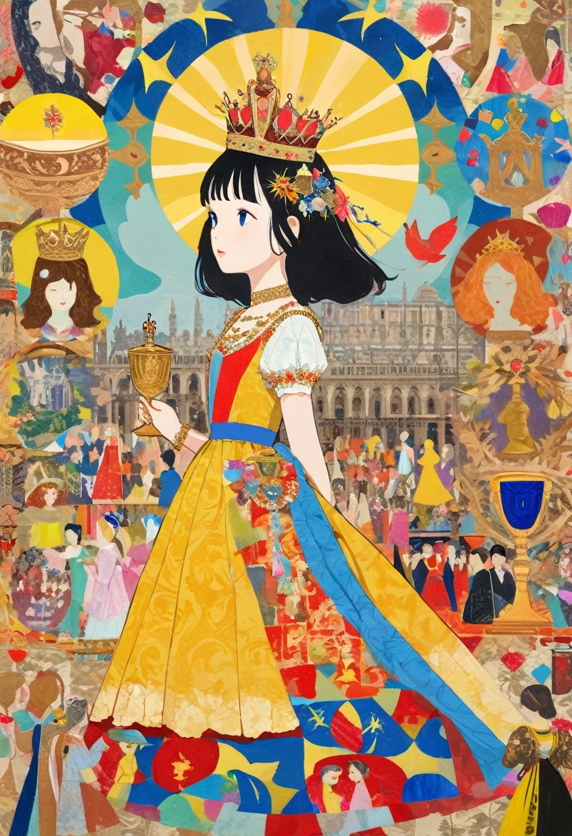 (masterpiece, best quality), woodblock print collage depicting,one girl,princess,side view,she is surrounded by traditional european royal symbols,wearing cutie princess dress,holy grail,colorful, collage art, contemporary artistic collage,vibrant,celebrating coronation ceremony,
