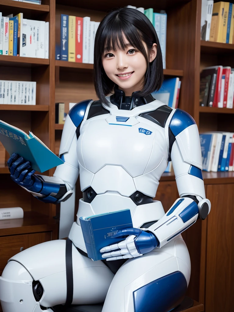 Japanese female android,Black Hair,White and blue robot suit,Plump,Reading a book in the library,smile
