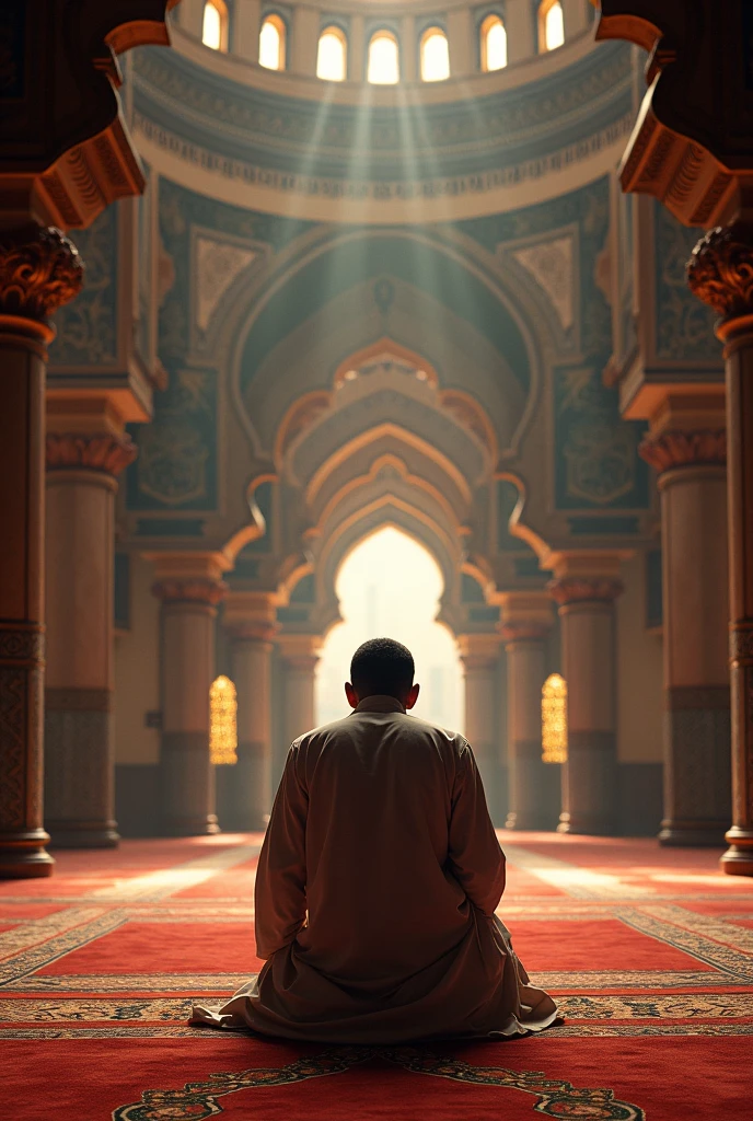 Muslim man praying muslim prayer inside beautiful mosque high resolution, 