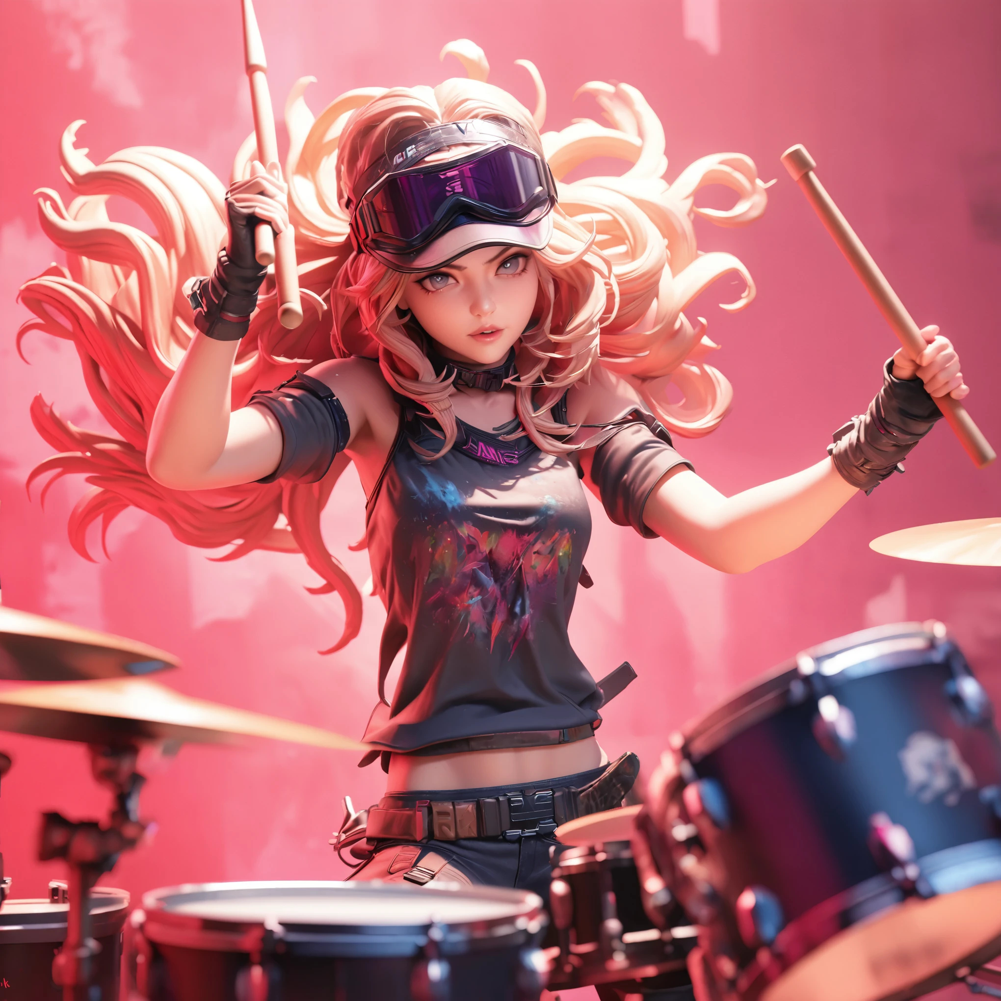 a girl wearing goggles and playing a drum kit, extremely detailed art jam, rock out, dreamy rock girl, drummer, 3d rendering style, anime character figure, highly detailed, airbrushed rendering, dramatic lighting, moody atmosphere, cinematic, dynamic pose, action shot, energy and movement, textured background, dramatic shadows, saturated colors, neon elements, gritty, grunge, industrial, dystopian, cyberpunk, vibrant colors, vbx, digital painting, masterpiece, best quality, 8k, highres, ultra-detailed, realistic, photorealistic, physically-based rendering, vivid colors, sharp focus