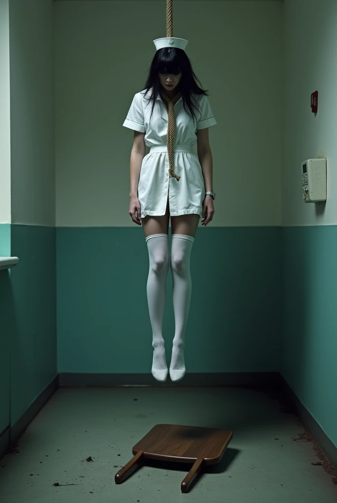 Nurse scene in white thigh high socks, hanged, thòng lọng, hovering in the air , The chair fell at the nurse's feet.