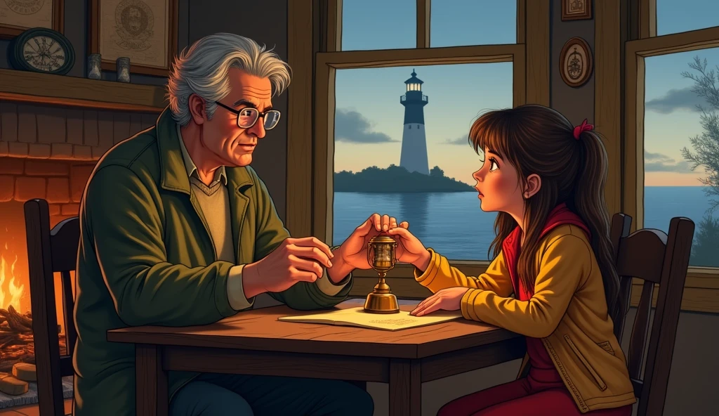 Character Description: Edgar’s wise and kind demeanor contrasts with Lily’s youthful energy. He is always seen in his practical lighthouse keeper attire, which includes a thick sweater, coat, and boots. His expression is often serious but warm.

Prompt: A vintage illustration of Edgar sitting with Lily at a wooden table in their cozy home. He is handing her the small, worn-out lamp, explaining its significance. Lily listens attentively, her face a mix of curiosity and doubt. The room is warmly lit by a fire, with nautical decorations and old maps adorning the walls. Outside the window, the lighthouse can be seen standing tall against the evening sky