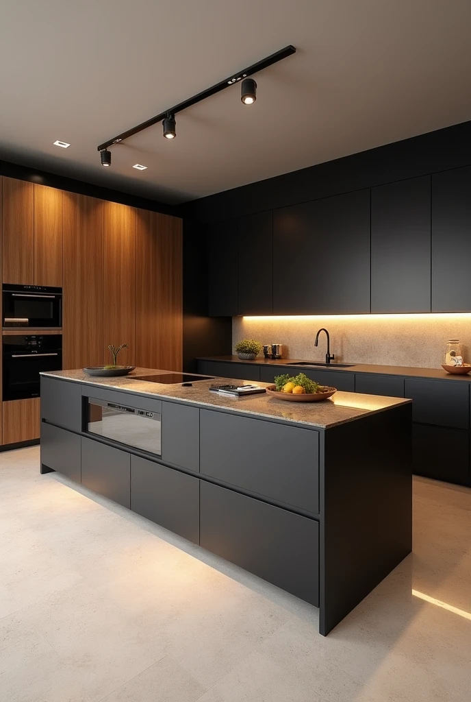 Kitchen with linear countertop, with black mdf and wooden mdf and light floor, lighting fixtures and stone countertops