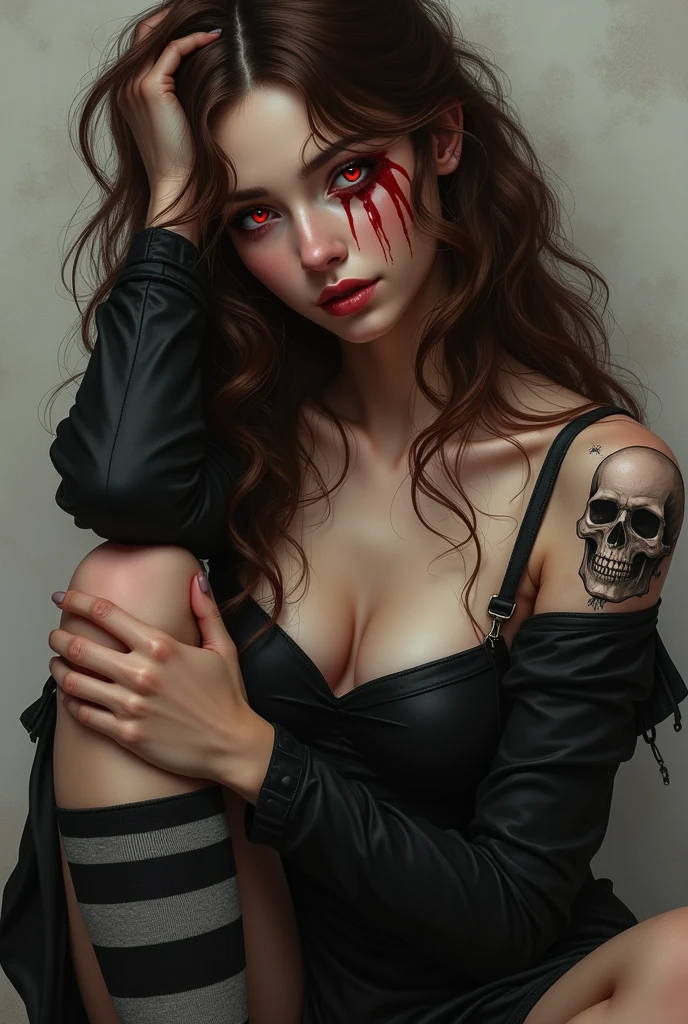 ((best quality: 0.8)), ((masterpiece)), (detailed), 1girl, beautiful face, long, brown, wavy hair, short black dress with long sleeves, black and gray striped socks, black boots , passionate lips, light blush, big breasts, beautiful red eyes, fair skin, skull tattoo, beautiful smile, (glowing eyes: 1.4), (blood face), NSFW