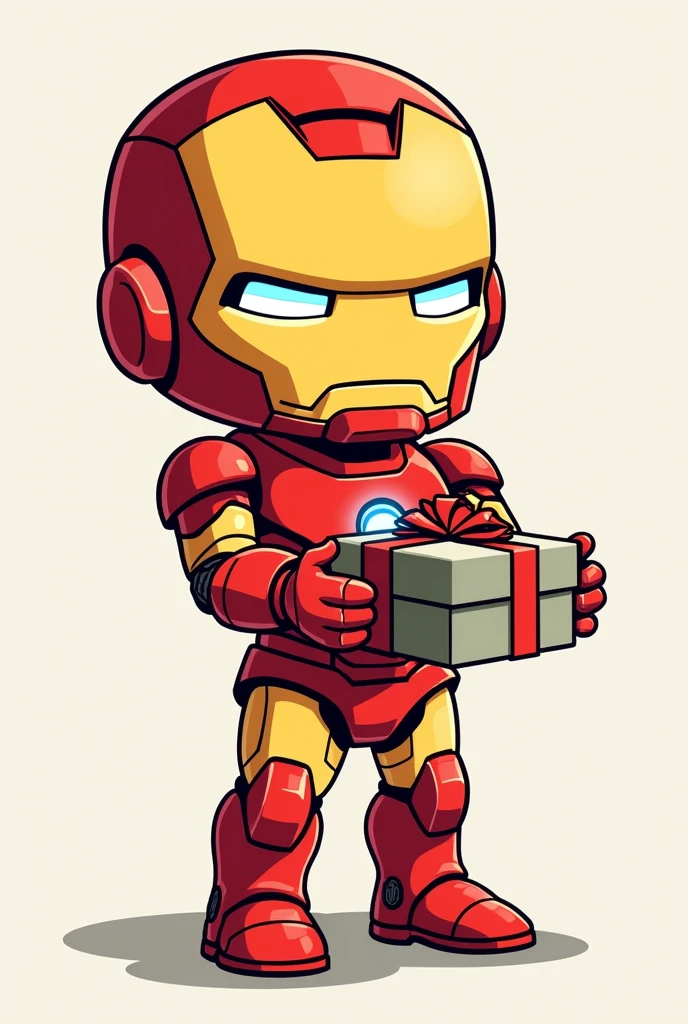 Cute Iron Man holding a box in his hands in a cartoon hand drawn style