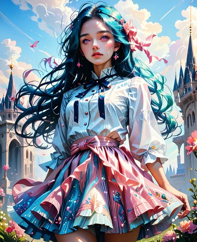 (detailed beautiful eyes and detailed face, masterpiece side light, masterpiece, best quality, detailed, high resolution illustration), (1 girl, beautiful girl, shiny skin, looking down, looking at viewer), ( Sky blue long hair, pink eyes, skirt, ribbon, button-down shirt) 45 degrees, top view,  sideways, (hand detail)