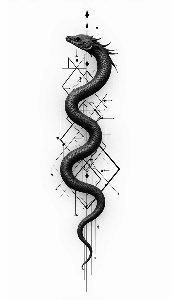 black and white tattoo design, snake, white background, simple background, geometric lines, fine line, complex,